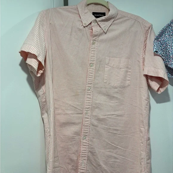 Bonobos Men's Short Sleeve Shirts in LG Tall Slim- pink & white stripe + floral - Picture 2 of 4